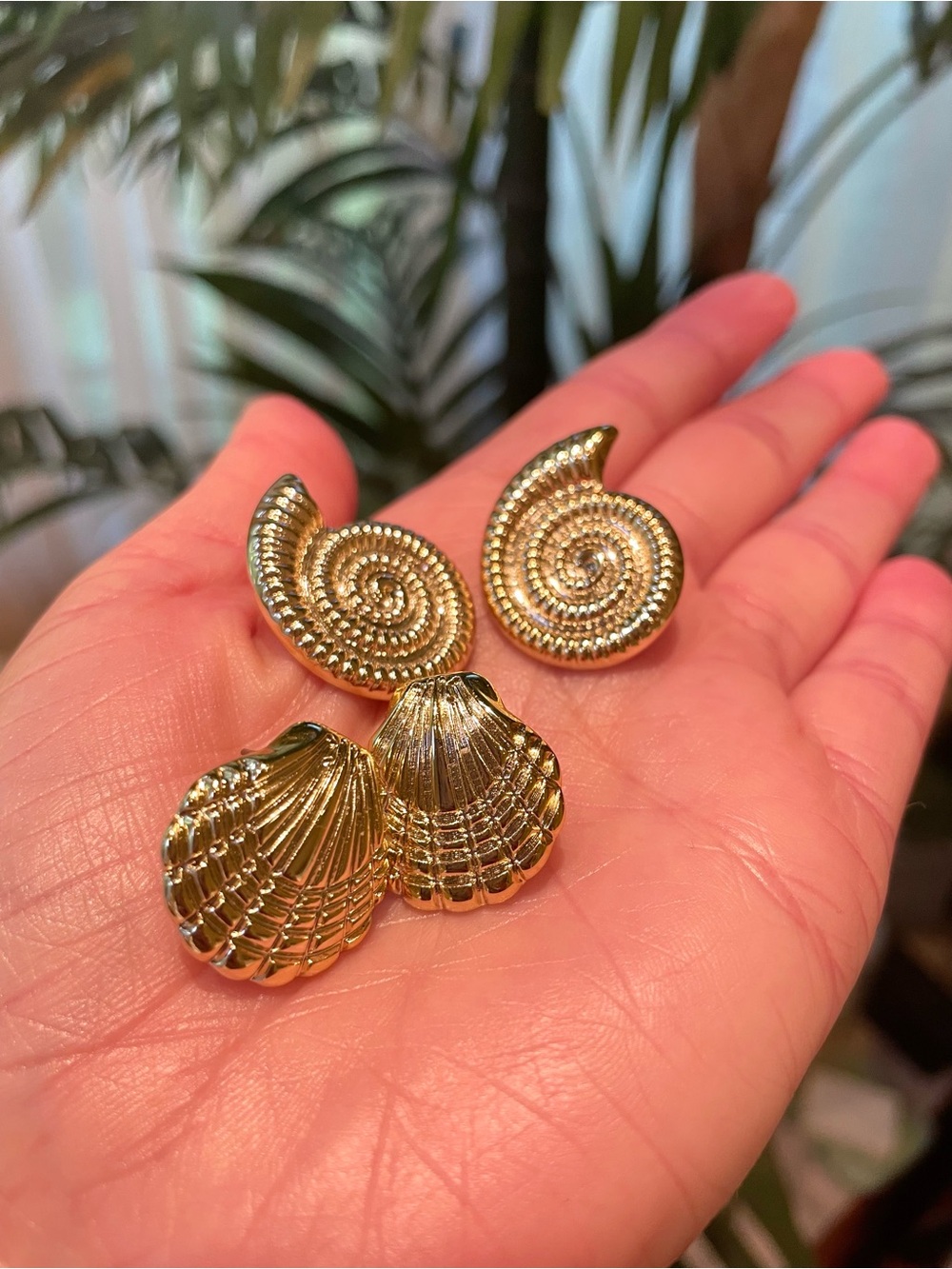 Gold plastic sea Shell Earrings with rubber backs set of 2
